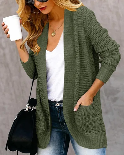 Vista 2 de Saodimallsu - Cárdigan holgado de punto y abertura delantera para mujer, con manga larga, estilo casual, ligero y suave, abrigo con bolsillos