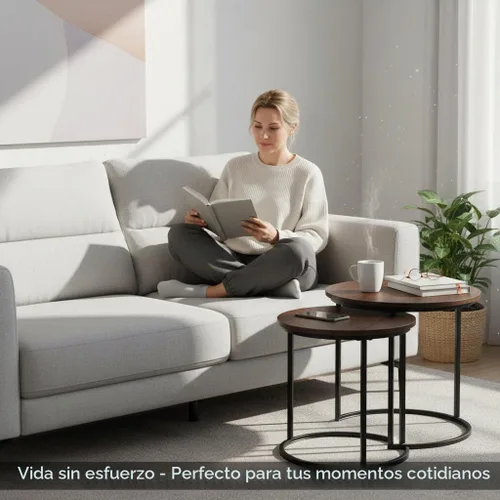 Vista 3 de Juego de 2 mesas de centro redondas anidadas, mesas anidables de madera con patrón de mármol moderno, mesa auxiliar apilable minimalista para sala