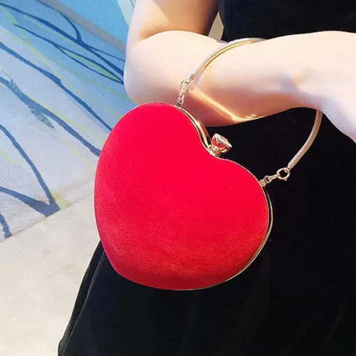 Vista 7 de Bolsos de mano de terciopelo en forma de corazón para mujer, bolsa de fiesta de noche con cadena para el hombro