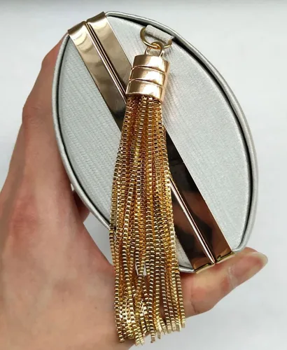 Vista 3 de Bolso de mano de satén, bolso de noche con borlas, bolso de mujer, fiesta, boda, cadena geométrica, bolso cruzado para mujer