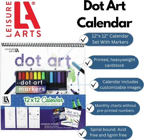 Vista 2 de Leisure Arts Dot Art Calendario 12 x 12 pulgadas, con marcadores, calendario en blanco, marcadores de puntos, pintura, marcadores de arte, dotadores