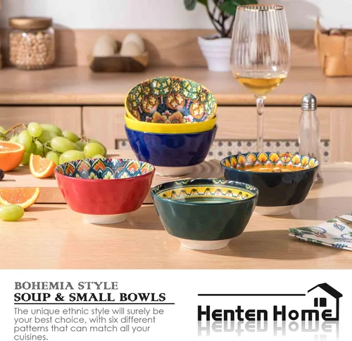Vista 5 de Henten Home Juego de 6 cuencos pequeños para postre, juego de cuencos de arroz de cerámica de 12 onzas, cuencos coloridos de porcelana para Bohemio