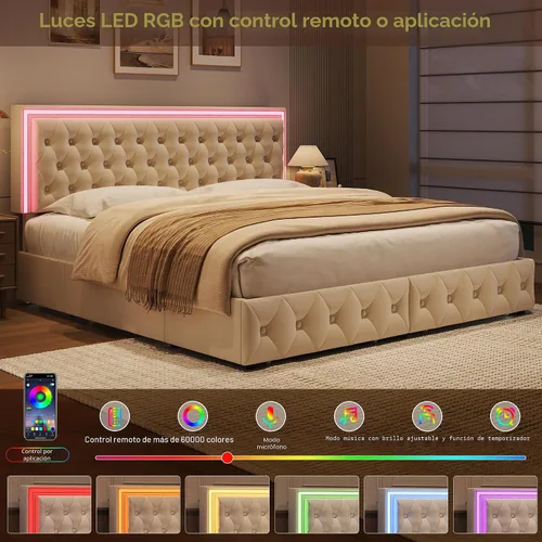 Vista 4 de Keyluv - Base de cama tapizada completa con LED, con 4 cajones, cama de plataforma de terciopelo con cabecera ajustable tapizada con botones