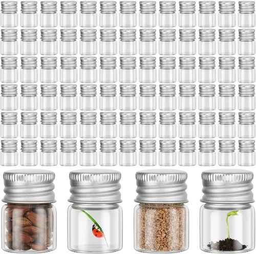 Vista 10 de Tessco for you 100 piezas botellas de vidrio mini de 5 ml (0.17 onzas líquidas) con tapa de aluminio, frascos pequeños, frascos de vidrio mini Dorado