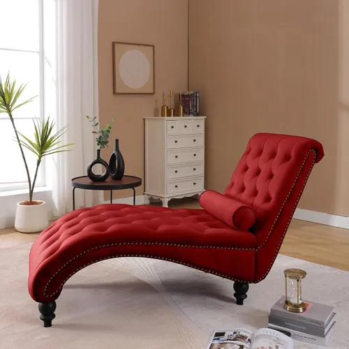 Vista 8 de Moderna tumbona de terciopelo para interiores con ribete de cabeza de clavo, sillón sin brazos con botones para interior con almohada lumbar y 4