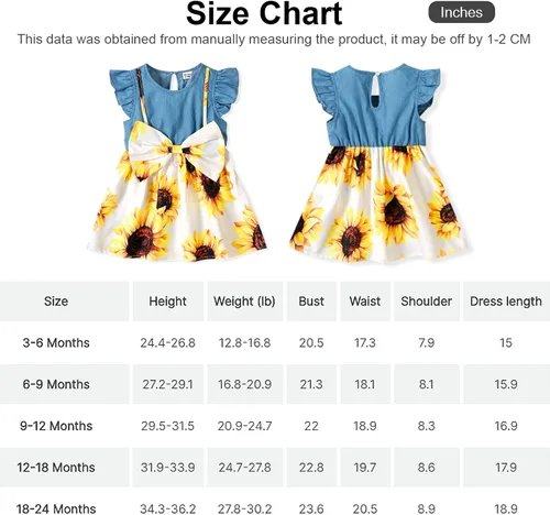 Vista 7 de PATPAT Vestidos de verano sin mangas para niña pequeña, ropa de verano para bebé, mezclilla con lazo, falda floral, vestido de verano de 3 a 24 meses