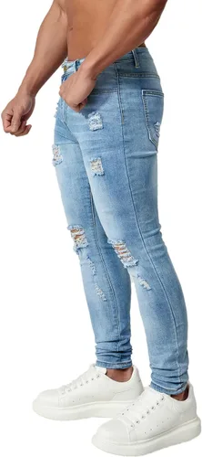 Vista 4 de HUNGSON Pantalones de mezclilla ajustados rasgados para hombre
