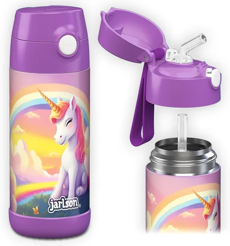 Vista 31 de Jarlson® CHARLI - Botella de agua para niños [12 onzas], botella térmica de acero inoxidable con pajilla, botella de agua aislada a prueba