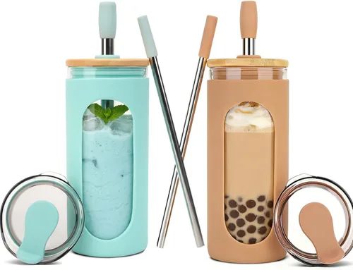 Vista 27 de Sursip - Vaso de vidrio de 20 oz con tapas y popotes, taza de café helado reutilizable de vidrio de borosilicato con tapa de bambú para batido, jugo