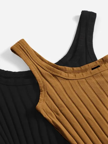 Vista 3 de SheIn Vestido corto sin mangas de punto acanalado liso para mujer, 2 piezas