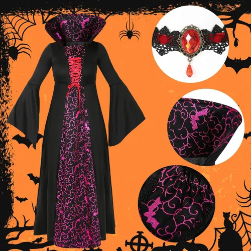 Vista 2 de SOOFILM Vampire Costume for Grils and Women, Gothic Vampires Dress Halloween Adult and Kids Vampire Costumes with Accessories