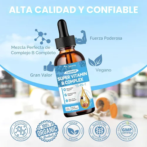 Vista 5 de 15 en 1 complejo de vitamina B liposomal Pro sin azúcar, gotas de complejo B con niacinamida B1, B2, B3, colina, biotina B5, B6, B7, inositol