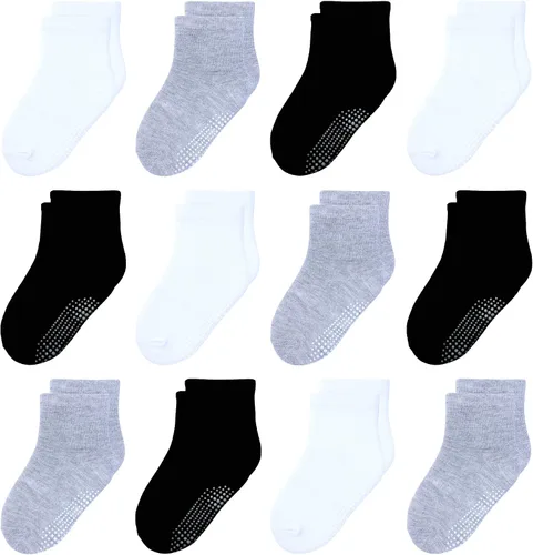 Vista 8 de 12 paquetes de calcetines antideslizantes para niños y bebés con agarre para niños de 1-7 años, calcetines de algodón de tripa para niños y niñas