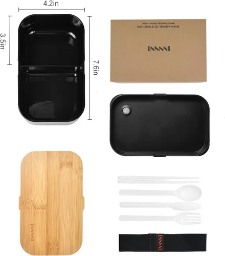 Vista 7 de Lonchera Bento para adultos, tapa de bambú natural, cubiertos y palillos, lonchera para mujeres, apta para microondas, lavavajillas, sin BPA, a Negro
