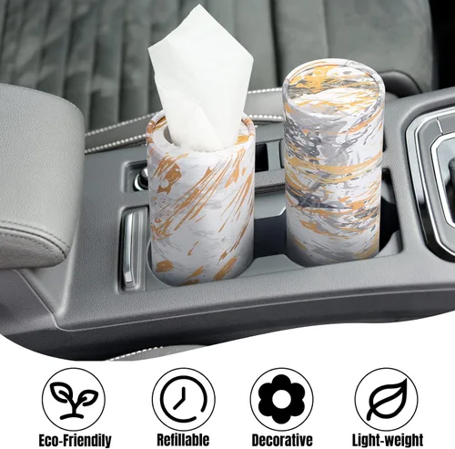 Vista 3 de Thenshop Paquete de 12 soportes para pañuelos de automóvil de 3 capas de tejido facial a granel mármol moderno, cilíndrico, cajas redondas de viaje