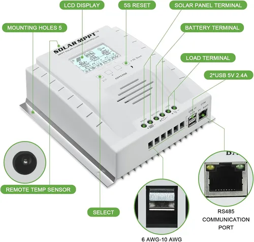 Vista 4 de MPPT Controlador de carga de 60 amperios, 12 V/24 V, regulador de carga de panel solar de 60 A con pantalla LCD de luz negra, máximo 100 V para gel