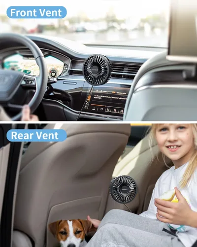 Vista 4 de TriPole Ventilador de coche alimentado por USB, potente 3 velocidades, ventilador de clip de enfriamiento portátil para ventilación del automóvil