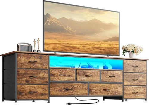 Vista 12 de Huuger Soporte de TV de 63 pulgadas para TV de 65, 70 pulgadas, cómoda larga con 11 cajones con tomas de corriente y luces LED, centro