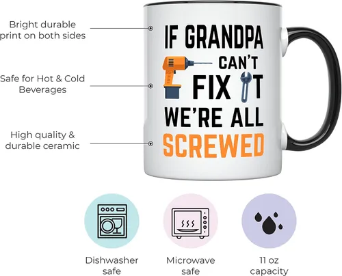Vista 2 de YouNique Designs Taza con texto en inglés "If Grandpa Cant Fix It Were All Screwed, 11 onzas", divertida taza de café para abuelo, regalos