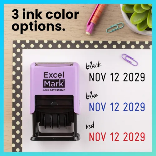 Vista 4 de ExcelMark 2445 sello de fecha: perfecto para envío, recepción, vencimiento y fechas de vencimiento (tinta azul, soporte violeta)