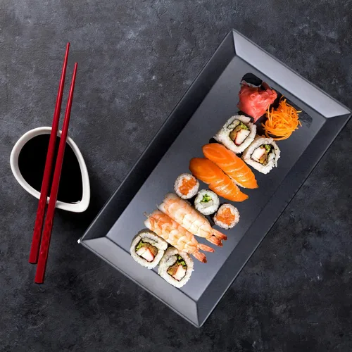 Vista 2 de Needzo Plato rectangular negro de melamina para sushi, plato de aperitivo asiático, vajilla de cocina japonesa, 11 1/4 x 6 1/2 pulgadas, juego de 2
