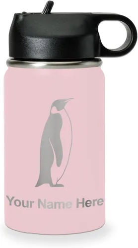 Vista 78 de LaserGram Botella de agua personalizada, pingüino, acero inoxidable de doble pared aislada al vacío con popote superior, regalo grabado