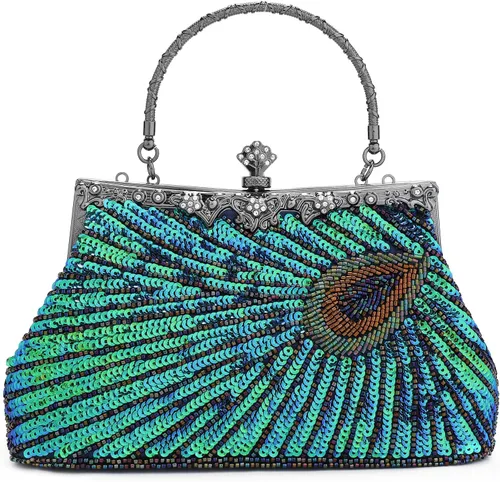 Vista 8 de UBORSE Bolsos de embrague de noche de pavo real con lentejuelas con cuentas Bolso de noche vintage Bolso de boda de fiesta de 1920