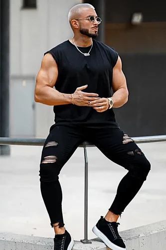 Vista 2 de Gingtto jeans entallados elásticos para hombre, de corte ajustado, rasgados, gastados
