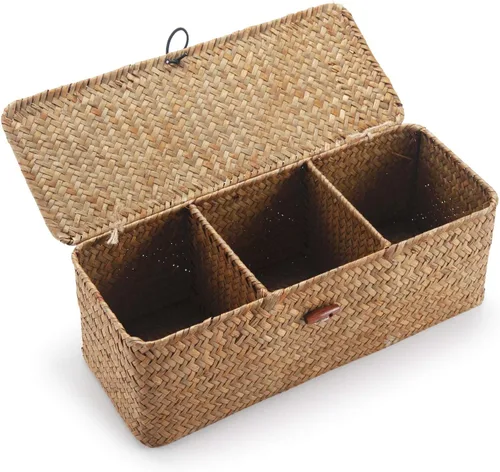 Vista 10 de Cesta de Almacenamiento de Seagrass Blanqueado con Tapa Tejida para Rollos de Papel Higiénico con Secciones Rectangular para Organizar Snacks