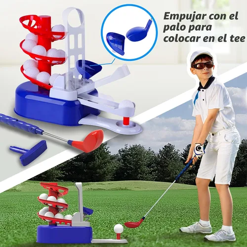 Vista 4 de iPlay, iLearn - Juego de juguetes de golf azul para niños con cabezal de palo izquierdo y derecho, juguete deportivo para niños de 3 a 5 años, juego