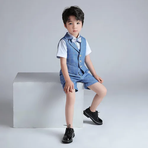 Vista 3 de LOLANTA Chaleco de esmoquin para niños, traje de portador de anillo de boda, 4 piezas, ropa, chaleco, camisa, pantalones cortos, pajarita