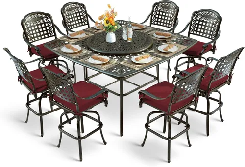 Vista 23 de Juego de barra para exteriores de 10 piezas, muebles de bar de aluminio fundido para todo tipo de clima con 8 taburetes de bar giratorios Bronce