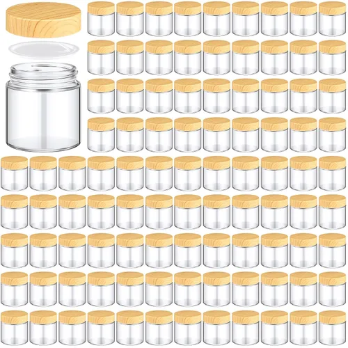 Vista 16 de Norme 120 tarros de vidrio de 4 onzas con tapas, recipientes de vidrio vacíos con tapas de grano de madera y revestimientos interiores