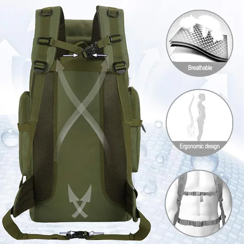 Vista 5 de Mochila de senderismo de 70 l para hombres impermeable militar camping mochila viaje mochila Verde Armada (ArmyGreen)