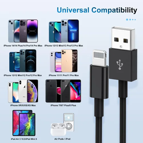 Vista 6 de Paquete de 3 cables de carga de 3 pies con certificación MFi de Apple, cable Lightning a USB, cable largo de carga rápida de 2.4 A, para iPhone Negro