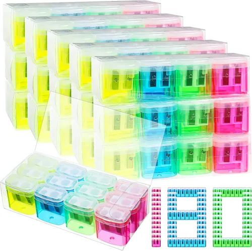 Vista 9 de Teling 144 sacapuntas manuales, 180 unidades, sacapuntas manuales a granel de mano con doble agujero, sacapuntas coloridos portátiles compactos