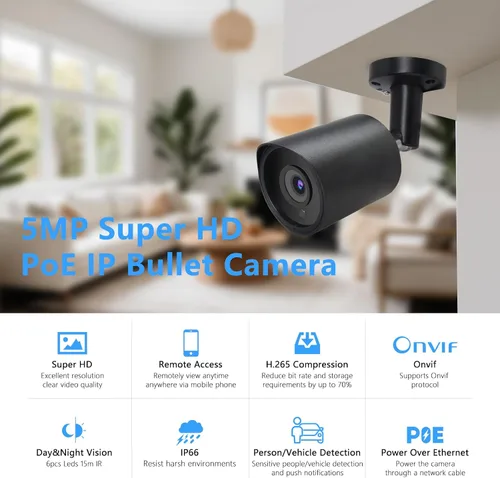 Vista 2 de 5MP PoE IP Bullet Cámara de seguridad con lente de 0.1 in (negro)