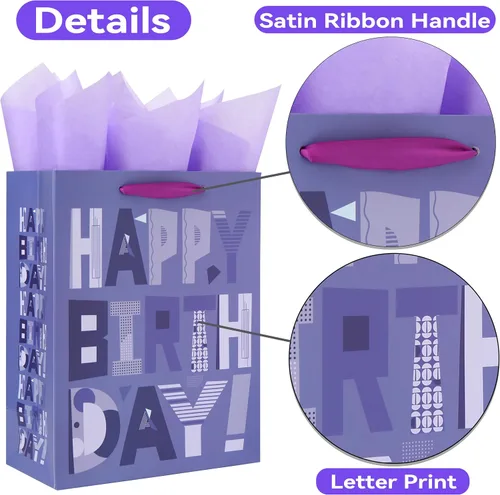 Vista 4 de Juego de bolsas de regalo moradas grandes de 13 pulgadas con tarjeta de felicitación y papel de seda lavanda (feliz cumpleaños de dibujos animados)