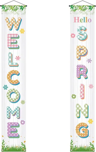 Vista 8 de Letrero colgante con texto en inglés «Hello Welcome Spring Happy Easter» para porche, puerta delantera, decoración interior y exterior