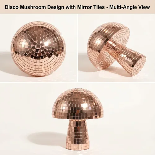 Vista 5 de Decoración de bola de discoteca de hongos, decoración de mesa de setas, espejo de oro rosa de 7 pulgadas, decoración de mesa de bola de discoteca
