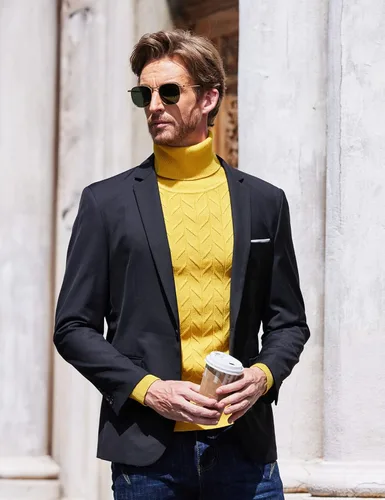 Vista 3 de COOFANDY Suéter de cuello alto ajustado para hombre suéter de punto básico con patrón de torsión