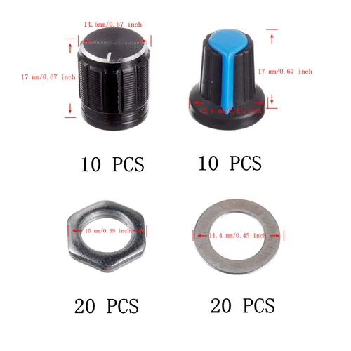Vista 7 de BOJACK 20 juegos de eje moleteado B10K 3 terminales Potenciómetro giratorio cónico lineal (WH148) Resistencia variable de película de carbono de una