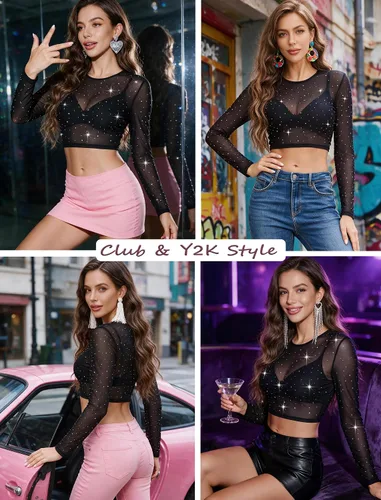 Vista 5 de ADOME Camiseta básica de malla transparente para mujer, talla XS-4XL, Negro