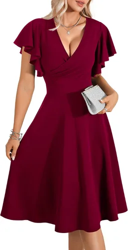 Vista 3 de LYANER Vestido midi acampanado de manga corta con volantes y cuello en V para mujer