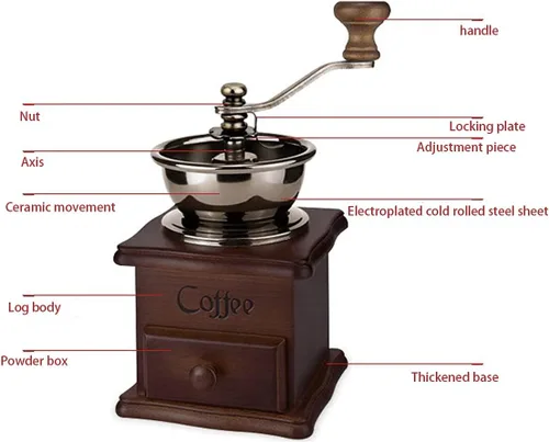 Vista 6 de Molinillo de café manual de madera, estilo vintage, molinillo de café de mano, molinillo de café con manivela de cerámica, cepillo de limpieza Marrón