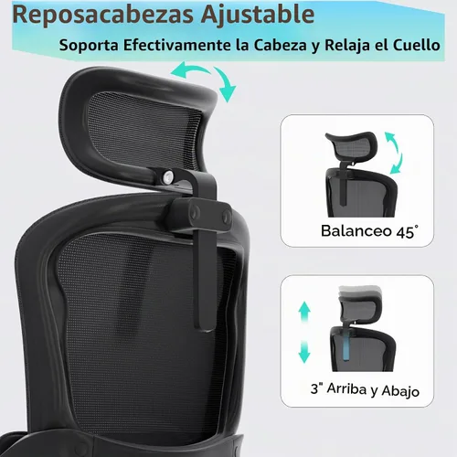 Vista 7 de Silla de oficina ergonómica, sillas de escritorio cómodas de 350 libras con reposacabezas ajustable y soporte de espalda lumbar, sillas