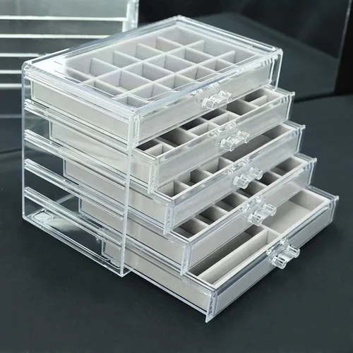 Vista 9 de CHADWICK Caja organizadora de joyas de acrílico con cajones de 5 capas y 120 rejillas, organizador transparente para aretes con tapa, caja