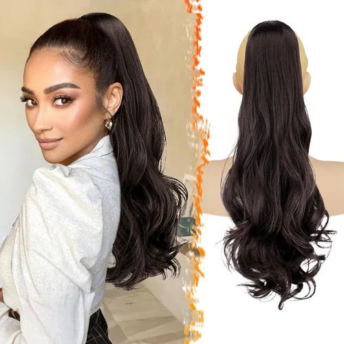Vista 10 de BARSDAR Extensión de cola de caballo con cordón ondulado negro y marrón – 20 pulgadas con clip de cordón para mujer, extensiones de cabello Negro