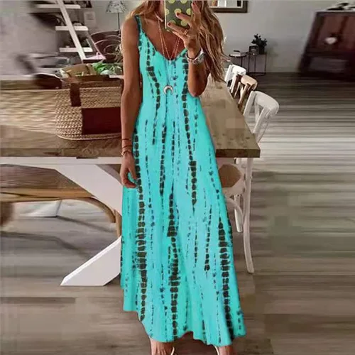 Vista 2 de FQZWONG Vestidos largos casuales para mujer, sexy, teñido anudado, cuello en V, maxivestido de verano suelto para vacaciones en la playa