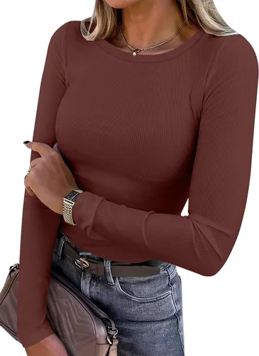 Vista 12 de ANRABESS - Camisetas de manga larga para mujer, de punto acanalado, ajustadas, básicas, 2025, informales, para usar a capas o debajo del uniforme